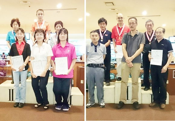 表彰台のシニア女子の皆さん(左)、右は男子の皆さん