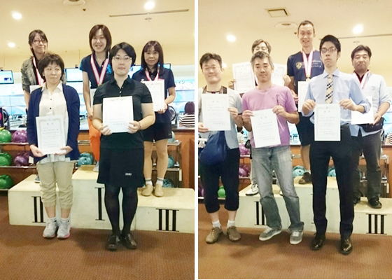 表彰台の一般女子の皆さん(左)、右は男子の皆さん